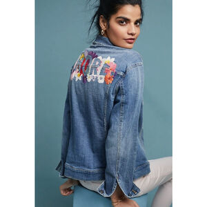 Pilcro Anthropologie XS Embroidered Denim Jacket AMOUR Floral Boho Jean Jacket